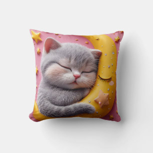 Cute Sleeping Cat on Moon Nursery Cushion