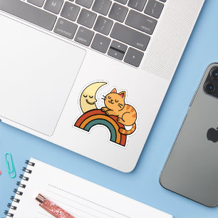 Cute Sleeping Cat on Rainbow with Moon