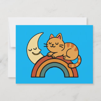 Cute Sleeping Cat on Rainbow with Moon Postcard