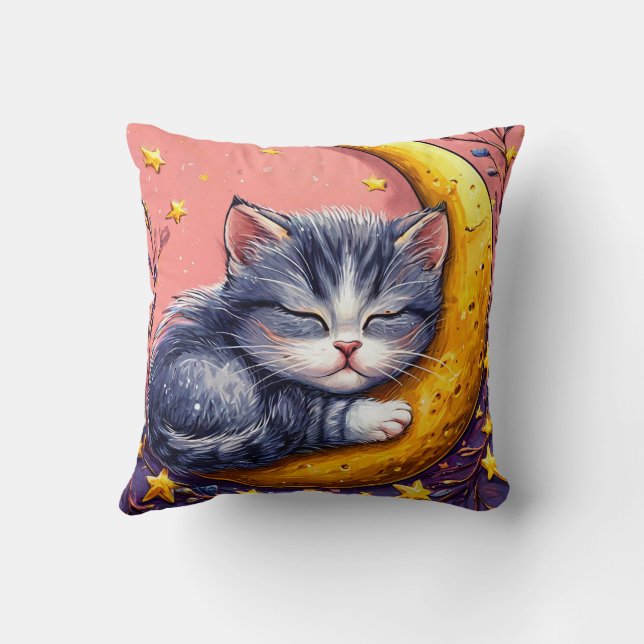 Cute sleeping cat resting on a crescent moon cushion (Back)