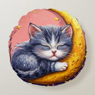 Cute sleeping cat resting on a crescent moon round cushion