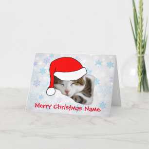 Cute Sleeping Cat Santa Hat Christmas Card