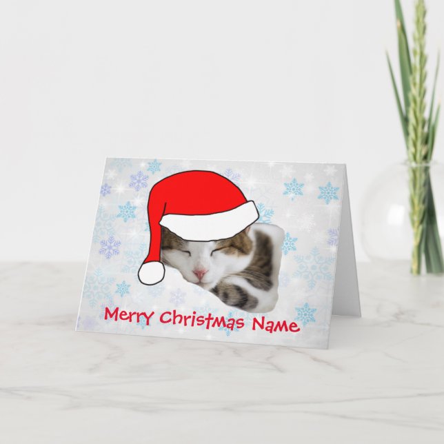 Cute Sleeping Cat Santa Hat Christmas Card (Front)