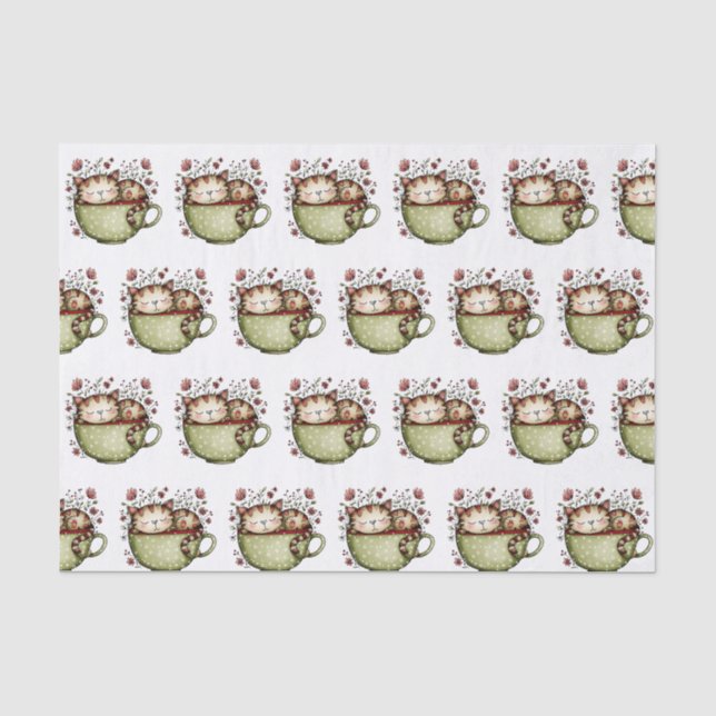 Cute Sleeping Cat Teacup Polka Dot Floral Tissue Paper (Front)
