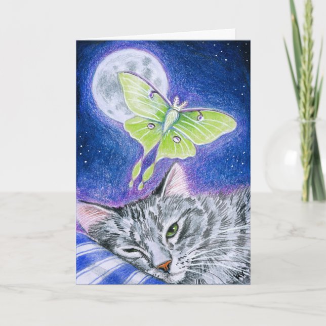 Cute Sleeping Cat with Luna Moth Holiday Card (Front)