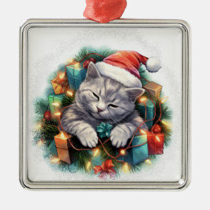 CUTE SLEEPING CHRISTMAS HOLIDAY GRAY KITTEN METAL TREE DECORATION