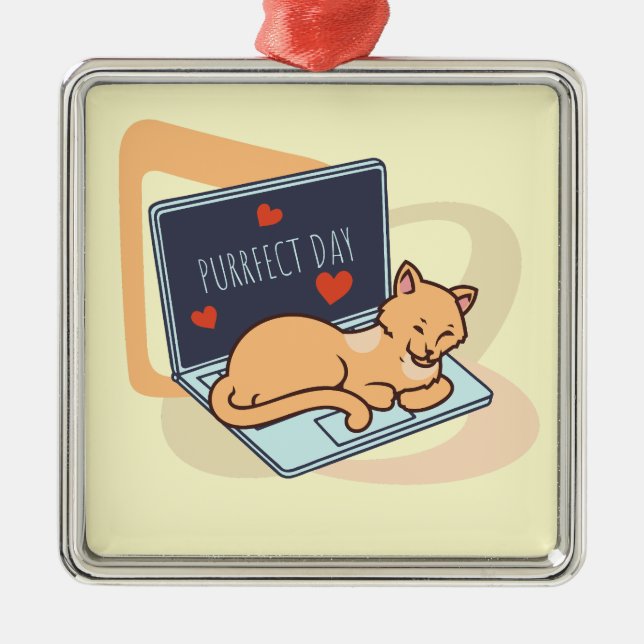 Cute sleeping computer cat metal tree decoration (Front)