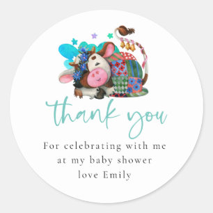Cute Sleeping Cow Script Baby Shower Thank You Classic Round Sticker