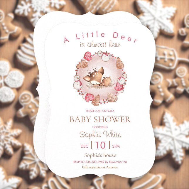 Cute Sleeping Deer Pink Christmas Baby Shower Invitation (Cute Sleeping Deer Pink Christmas Baby Shower Invitation)