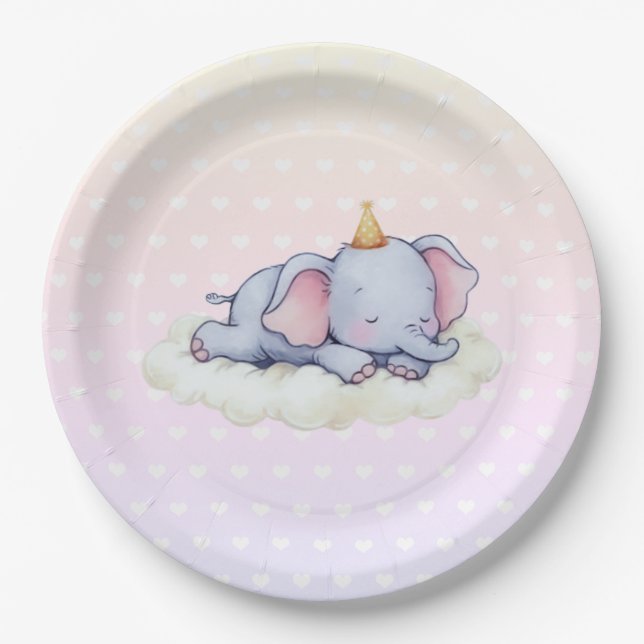 Cute Sleeping Elephant Baby Shower Paper Plates (Front)