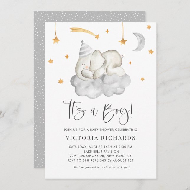 Cute Sleeping Elephant It's a Boy Grey Baby Shower Invitation (Front/Back)