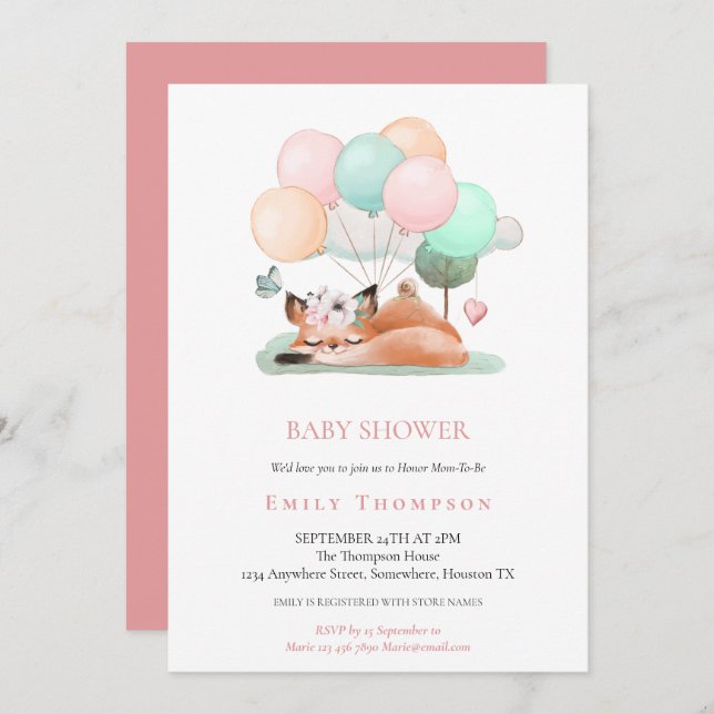Cute Sleeping Fox Balloon Motif Pink Baby Shower Invitation (Front/Back)