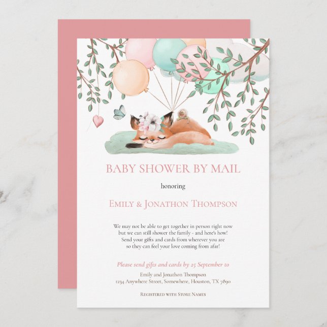 Cute Sleeping Fox Balloons Baby Shower By Mail Invitation (Front/Back)