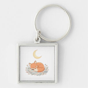 Cute Sleeping Fox on Quilt under Crescent Moon AI Key Ring