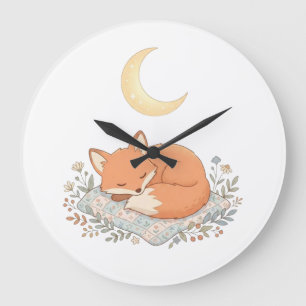 Cute Sleeping Fox on Quilt under Crescent Moon AI Large Clock