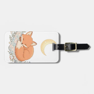 Cute Sleeping Fox on Quilt under Crescent Moon AI Luggage Tag