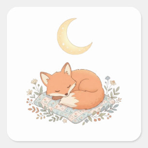 Cute Sleeping Fox on Quilt under Crescent Moon AI Square Sticker