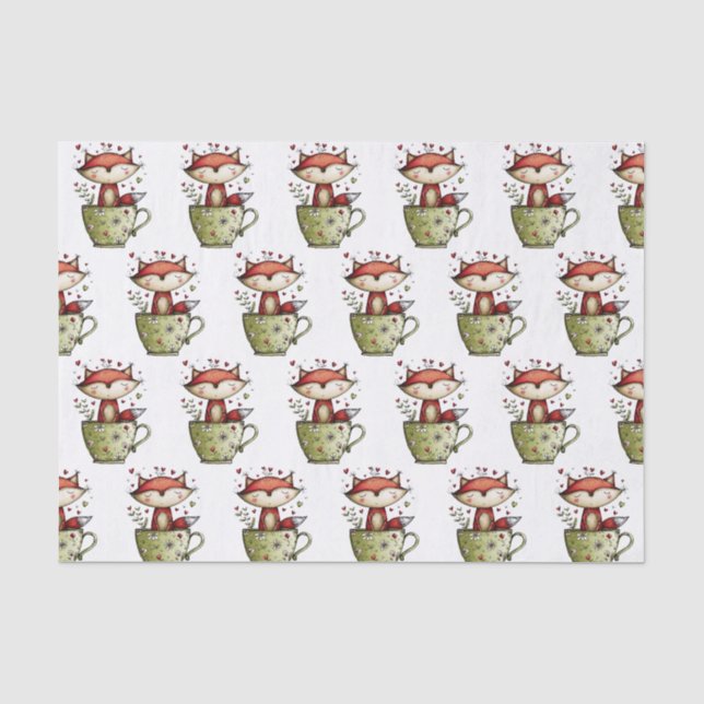 Cute Sleeping Fox Teacup Floral Daisy Whimsical Tissue Paper (Front)