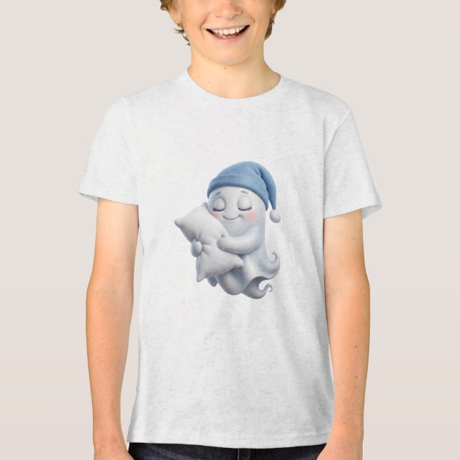 Cute Sleeping Ghost Cosy Halloween Design Tri-Blend Shirt (Front)