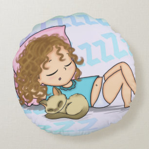 Cute Sleeping Girl with Kitten Round Cushion