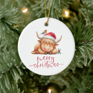Cute Sleeping Highland Cow Merry Christmas Ceramic Tree Decoration