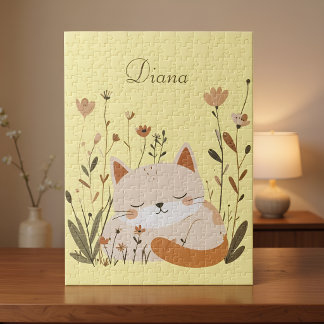 Cute Sleeping Kitten Floral Custom Name  Jigsaw Puzzle