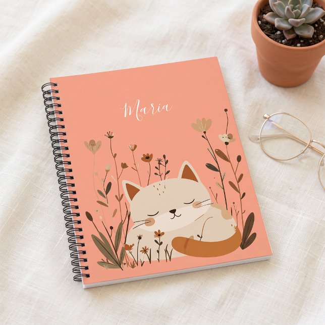 Cute Sleeping Kitten Floral Custom Name  Notebook (Creator Uploaded)