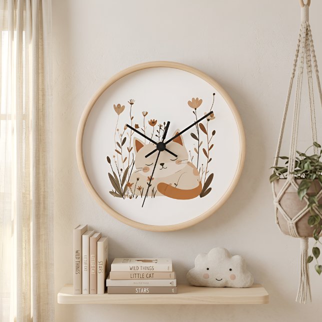 Cute Sleeping Kitten Floral Nursery Wall Clock (Creator Uploaded)