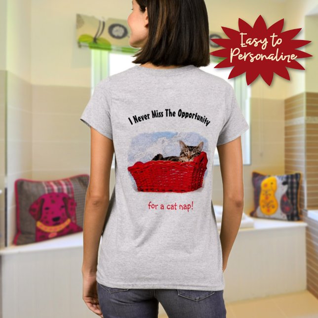 Cute Sleeping Kitten in Red Basket Custom Back T-Shirt (Keep, change or totally remove the template text for a truly personalized cat nap tee shirt . )
