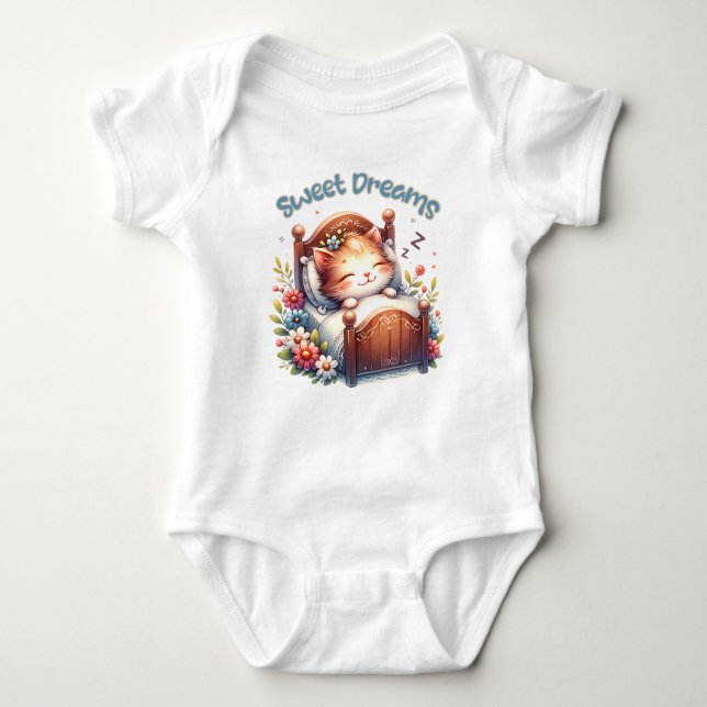Cute sleeping Kitten Sweet dreams Nursery art Baby Bodysuit (Front)