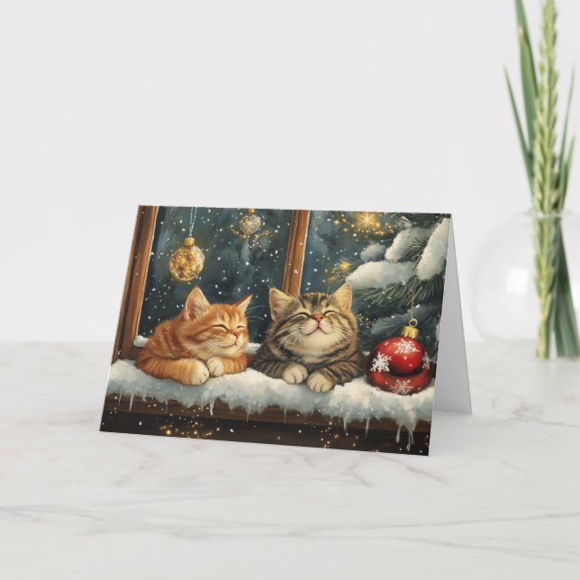 Cute Sleeping Kittens Under Christmas Tree Holiday Card (Front)