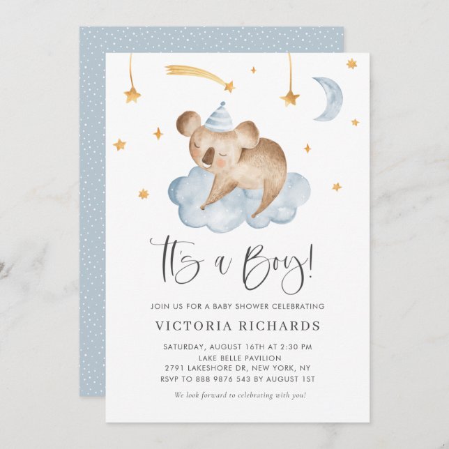 Cute Sleeping Koala Blue It's a Boy Baby Shower Invitation (Front/Back)