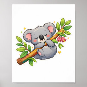 Cute Sleeping Koala on Eucalyptus Branch Kawaii Poster