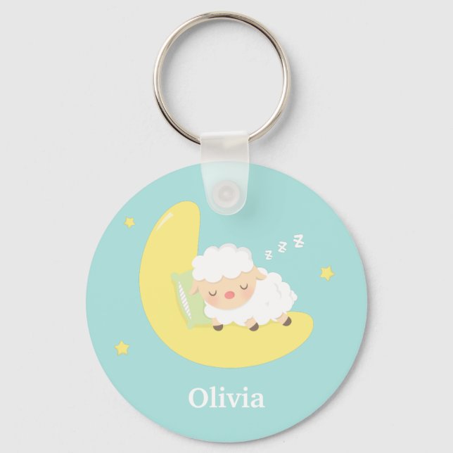 Cute Sleeping Little Lamb on the Moon Key Ring (Front)
