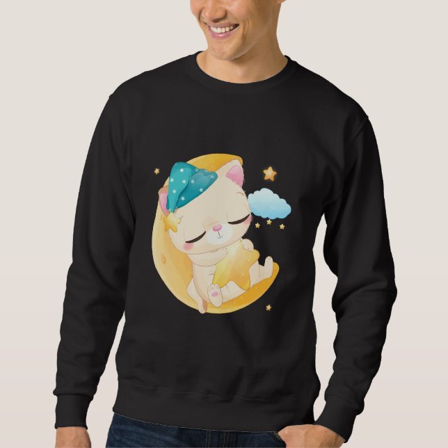 Cute Sleeping Moon Kitten Illustration Sweatshirt (Front)
