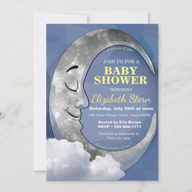 Cute Sleeping Moon Stars Baby Shower Invitation (Front)