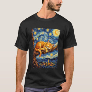 Cute Sleeping Orange Cat Cosy Night Stars Van Gogh T-Shirt