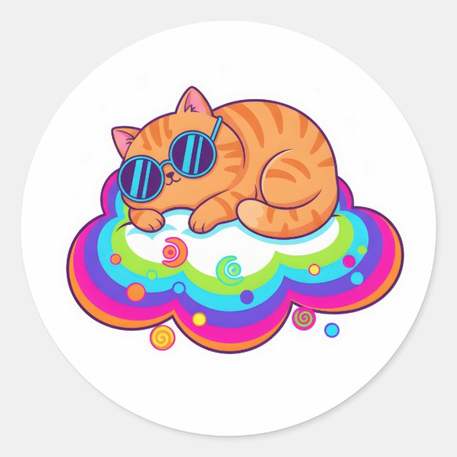 Cute Sleeping Orange Cat on Rainbow Cloud with Sta Classic Round Sticker (Front)