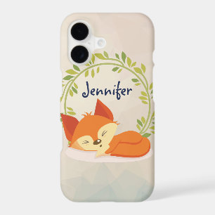 Cute Sleeping Orange Fox with Green Leaves Wreath