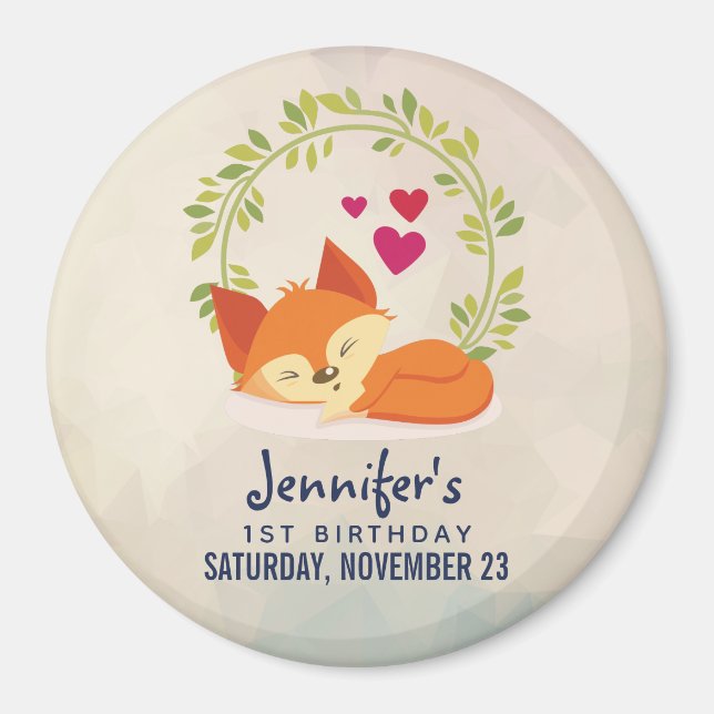Cute Sleeping Orange Fox with Green Leaves Wreath Magnet (Front)