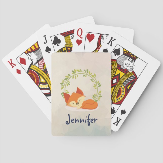 Cute Sleeping Orange Fox with Green Leaves Wreath Playing Cards (Back)