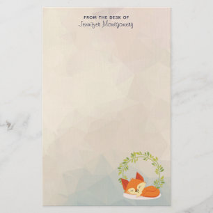 Cute Sleeping Orange Fox with Green Leaves Wreath Stationery