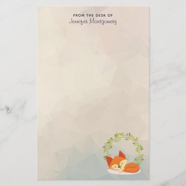 Cute Sleeping Orange Fox with Green Leaves Wreath Stationery (Front)