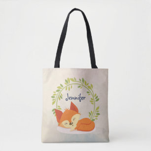 Cute Sleeping Orange Fox with Green Leaves Wreath Tote Bag