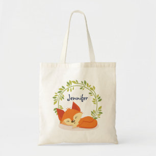 Cute Sleeping Orange Fox with Green Leaves Wreath Tote Bag