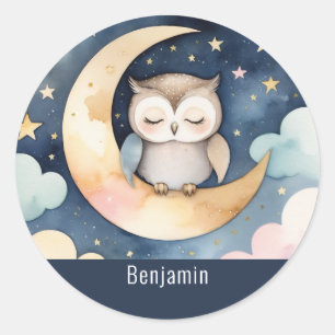 Cute Sleeping Owl on Moon Personalised Name Classic Round Sticker