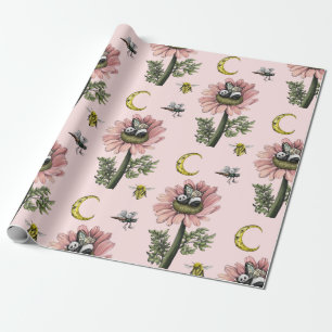 Cute Sleeping Panda Bear Fairy Floral Pattern Wrapping Paper