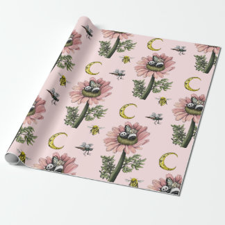 Cute Sleeping Panda Bear Fairy Floral Pattern Wrapping Paper