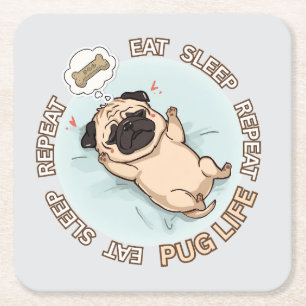 Cute Sleeping Pug Paper Coaster   Eat Sleep Repeat