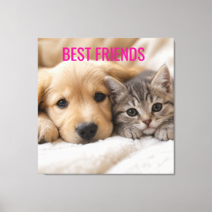 Cute Sleeping Puppy and Kitten Cuddle Canvas Print
